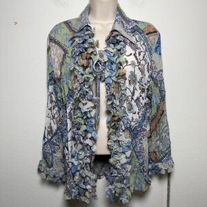 VTG 90s Jaipur Women Western Tie Front Top XL Blue Paisley Ruffle Patchwork